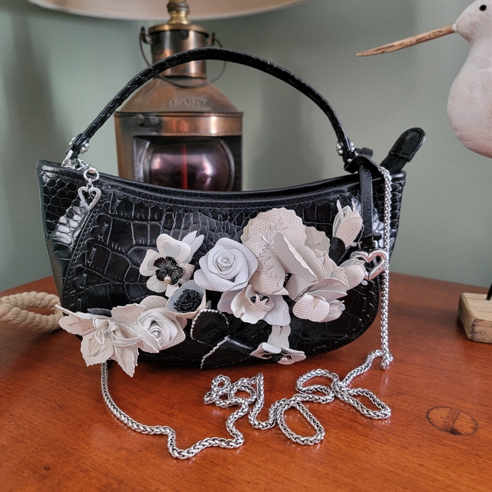 Brighton Calista Mini Demi Black Patent Croc Leather Floral Y2K Purse